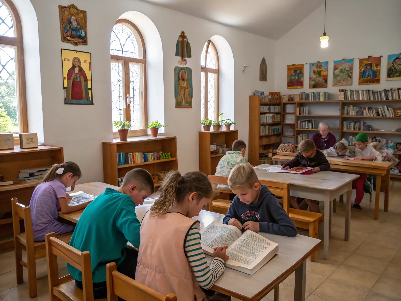 A photograph of children participating in an educational workshop inside the church, learning about the history of the building and the importance of preserving local heritage.
