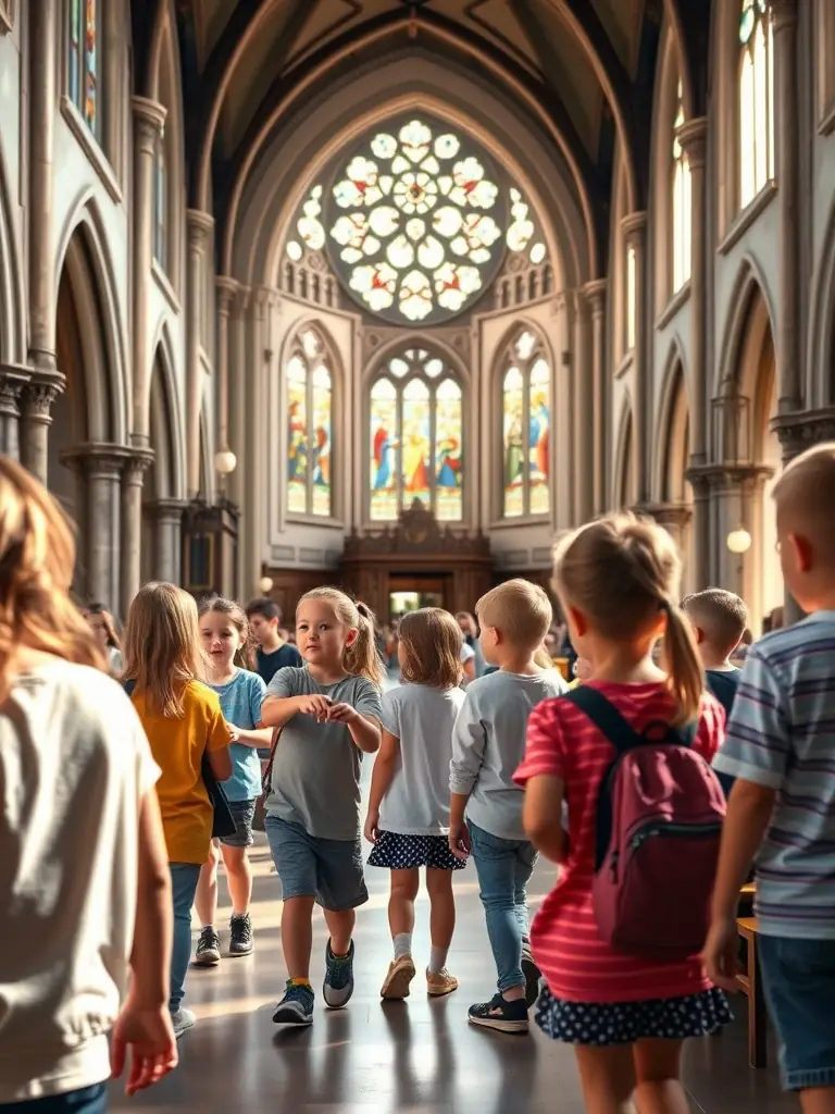 A photograph showing children participating in a heritage education workshop inside the Saint-Laurent-de-Ceris church, learning about local history and traditions.