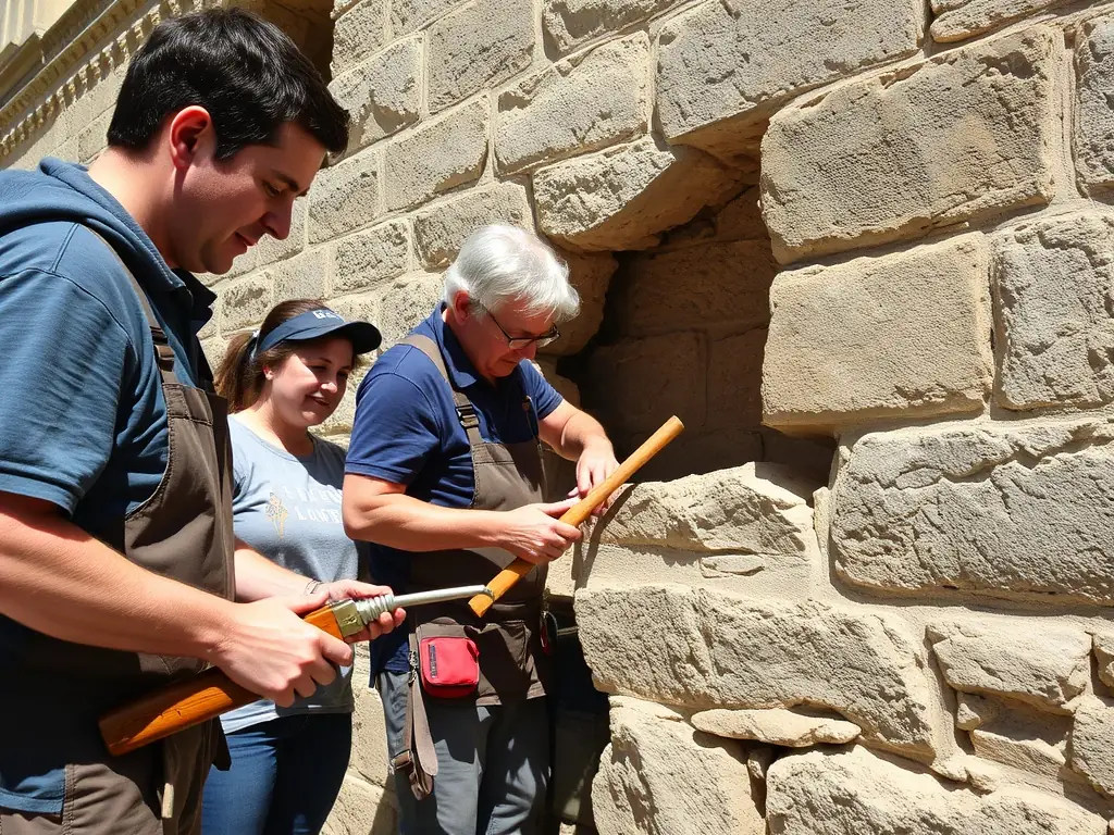 A photograph depicting volunteers carefully restoring a section of the church's exterior stone wall, showcasing the meticulous work involved in preserving the historical architecture.