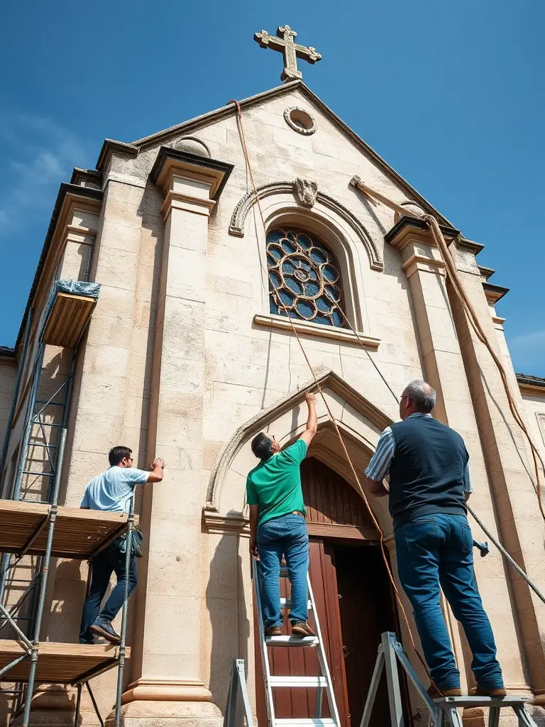 A photograph depicting volunteers cleaning and restoring a stained glass window in the Saint-Laurent-de-Ceris church. The image should convey a sense of dedication and meticulous care.