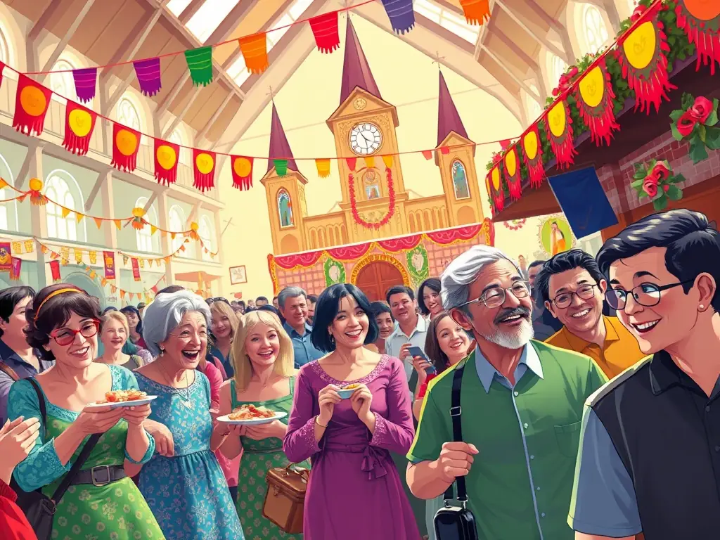 A vibrant image capturing a local cultural event held within the church grounds, featuring traditional music, dance, and local crafts, highlighting the church's role as a community hub.